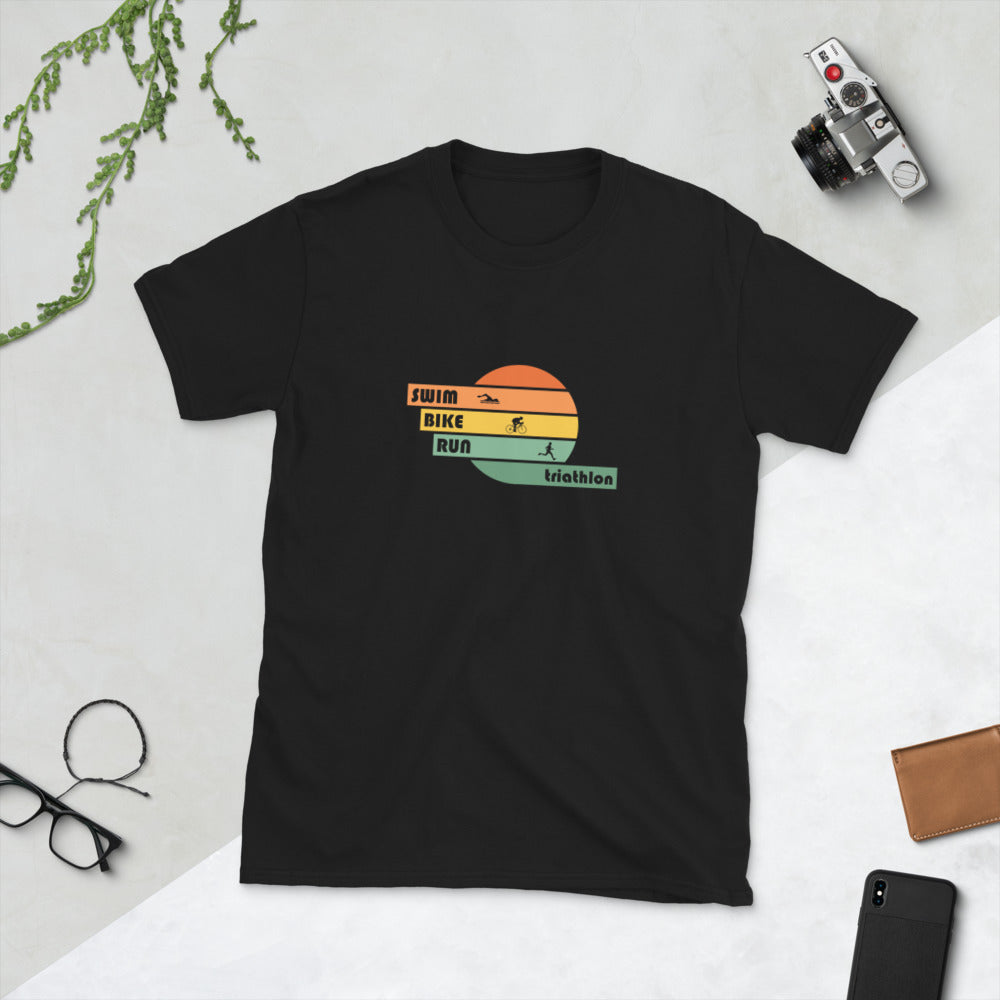 FRONT: (black) swim, bike, run triathlon t-shirt