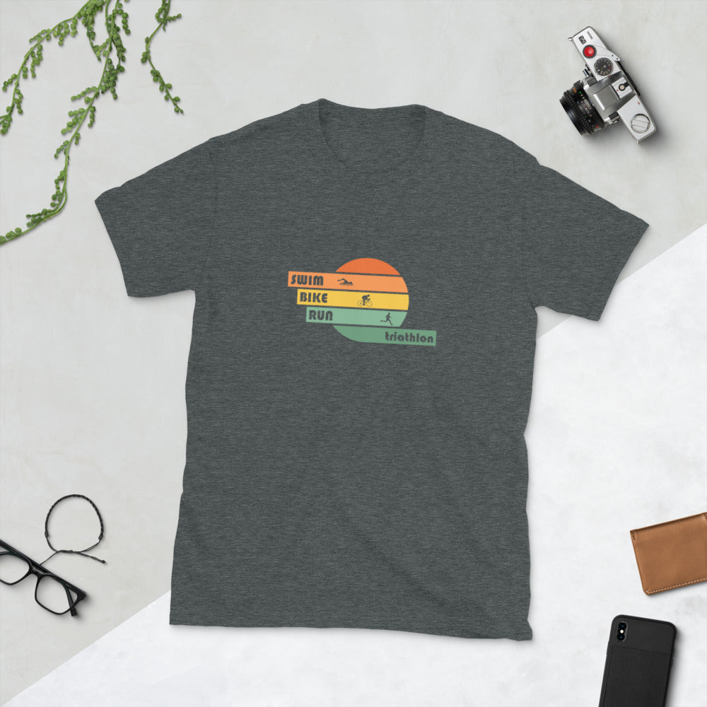 FRONT: (gray) swim, bike, run triathlon t-shirt