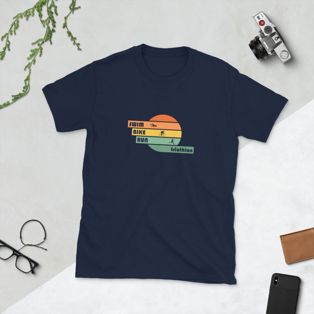 FRONT: (navy) swim, bike, run triathlon t-shirt