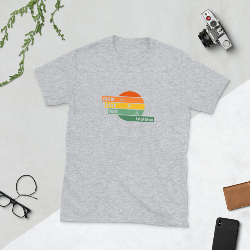 FRONT: (light gray) swim, bike, run triathlon t-shirt