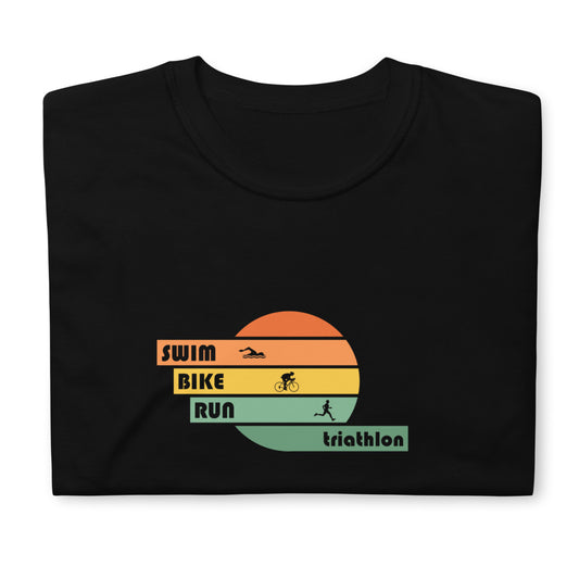 FRONT: (black folded) swim, bike, run triathlon t-shirt