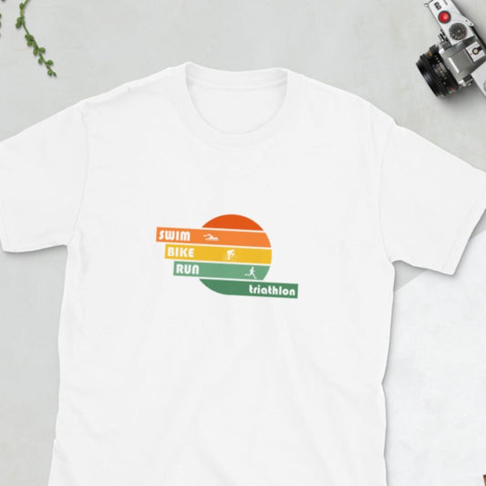 FRONT: white swim, bike, run triathlon t-shirt